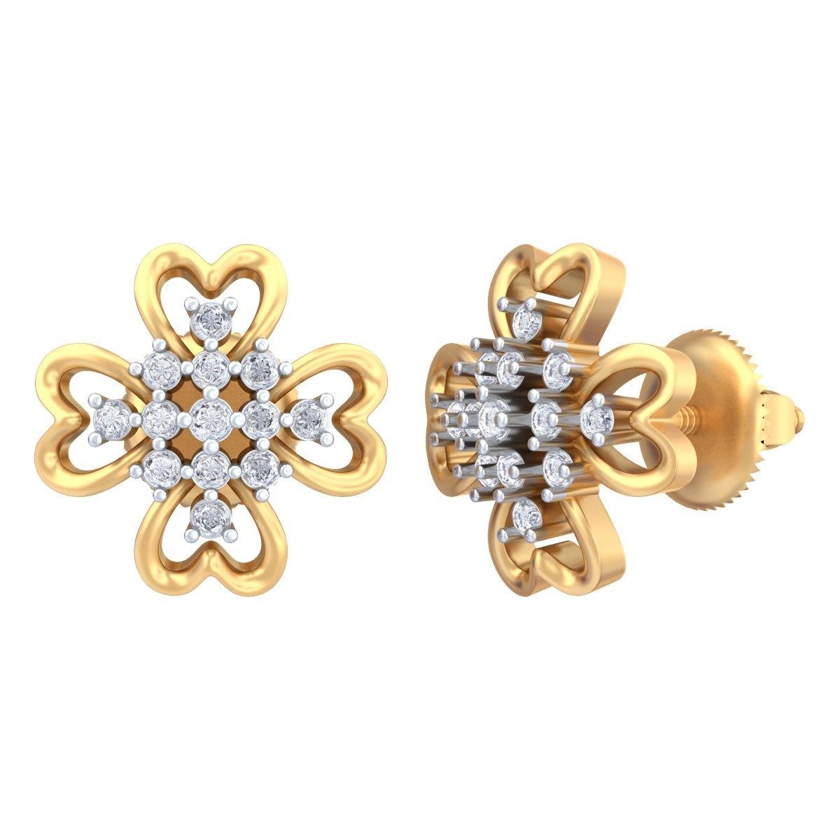 Yellow gold and diamond stud earring with floral-design on a white background