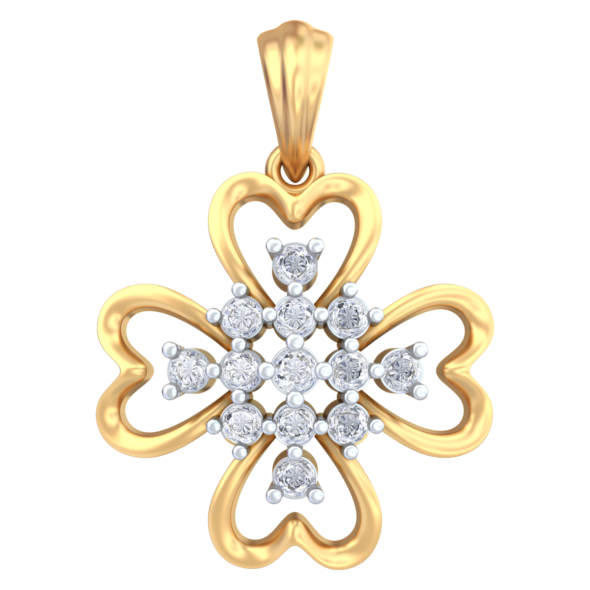 An 18K gold and diamond pendant with a floral design consisting of a central cluster of diamonds surrounded by heart-shaped gold outlines.