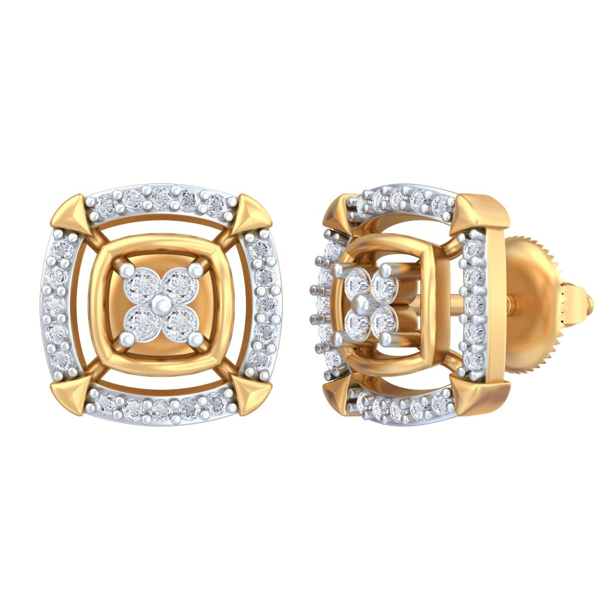 Yellow gold and diamond stud earring with Square-shaped design on a white background.