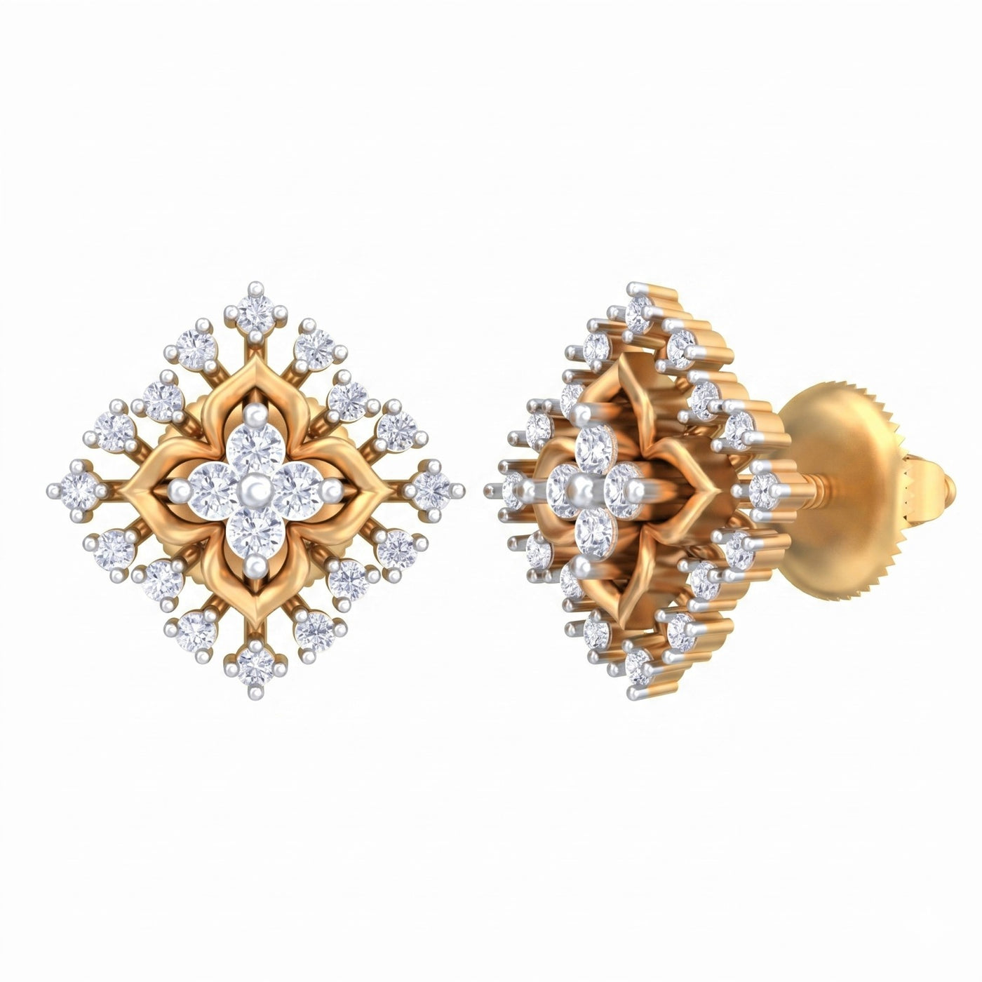 Pair of yellow gold and diamond stud earrings on a white background.