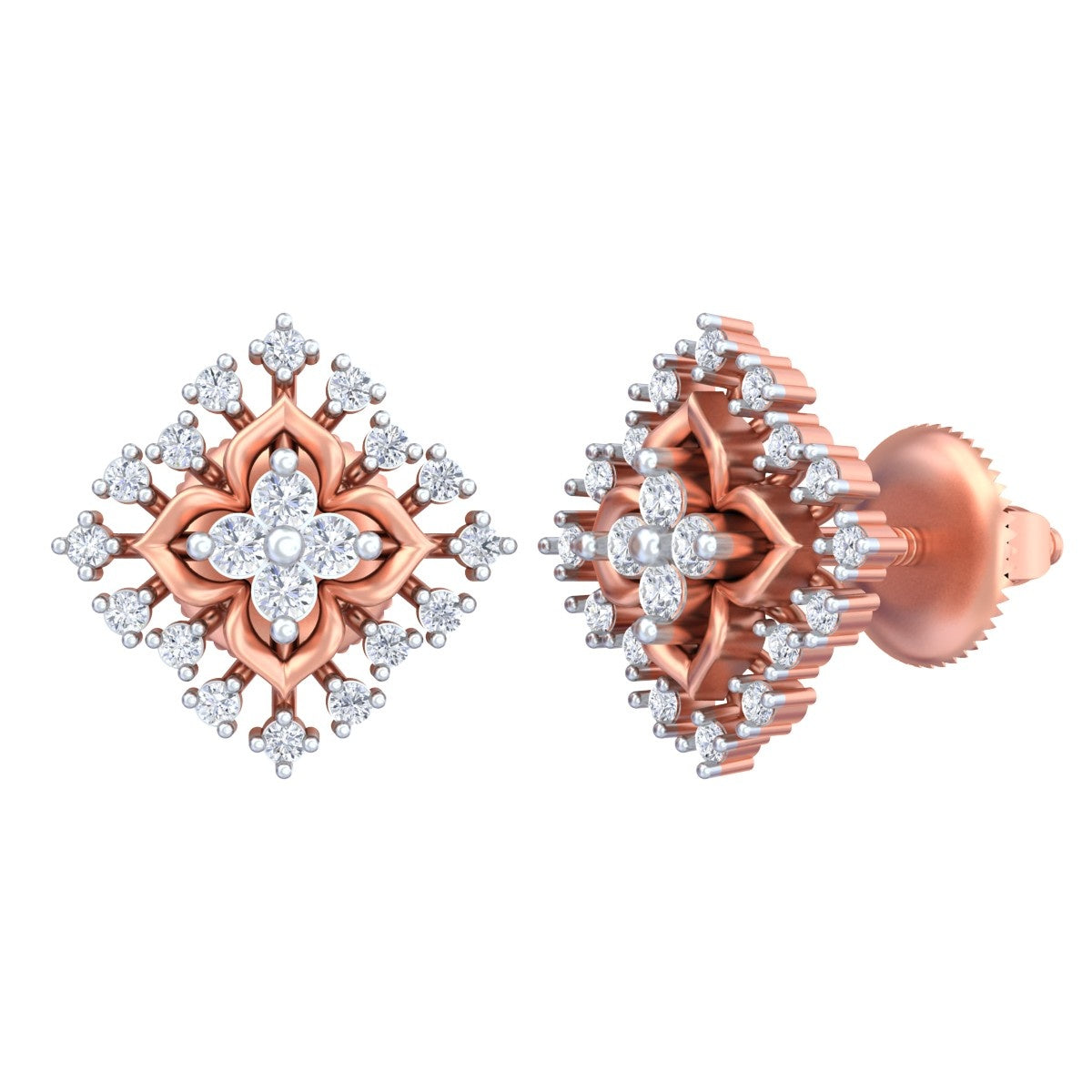 Pair of rose gold and diamond stud earrings on a white background.