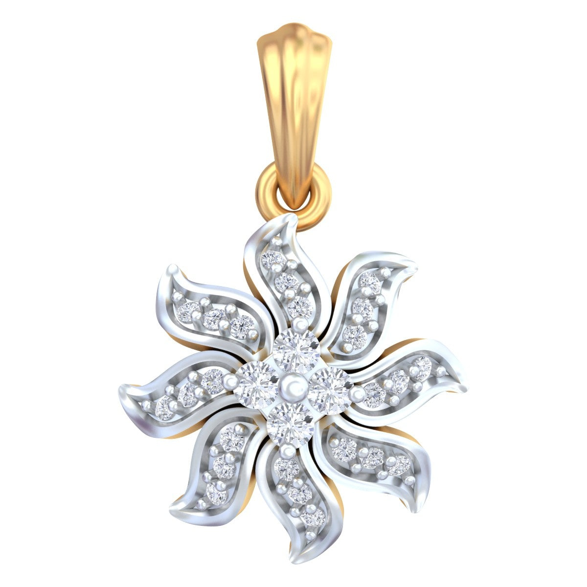Yellow gold and diamond floral pendant with diamonds on a white background