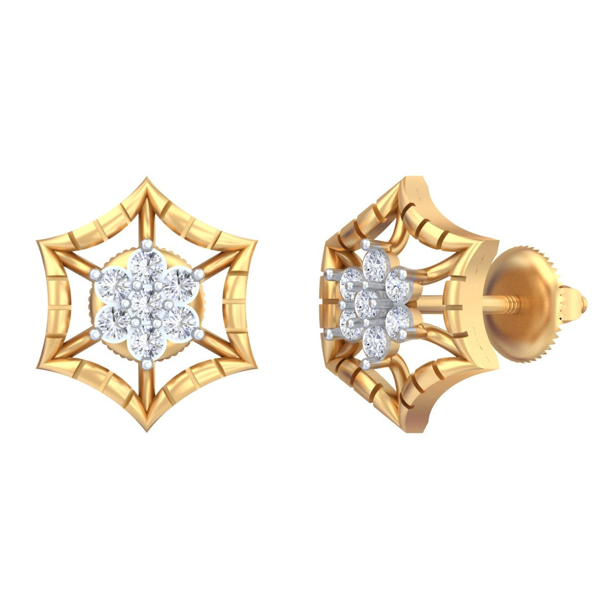 A pair of yellow gold geometric stud earrings with a central cluster of clear round-cut stones, on a plain white background.
