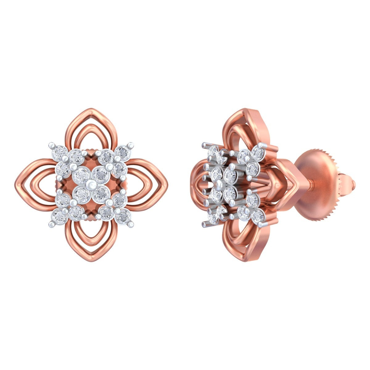 A pair of rose gold and diamond stud earrings with a four-petal design on a white background.