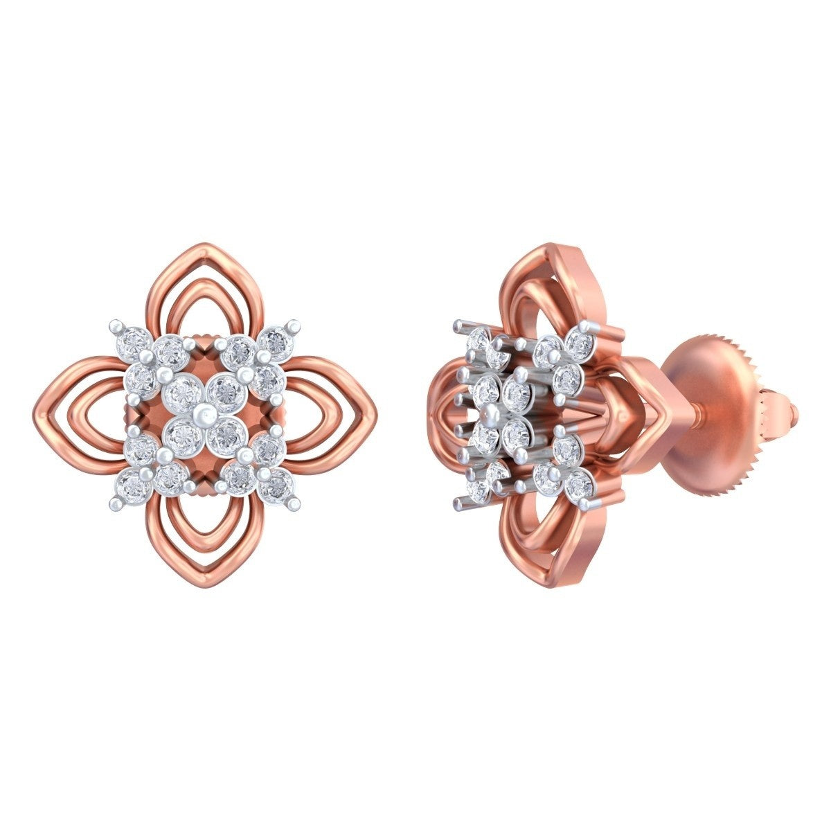 A pair of rose gold and diamond stud earrings with a four-petal design on a white background.