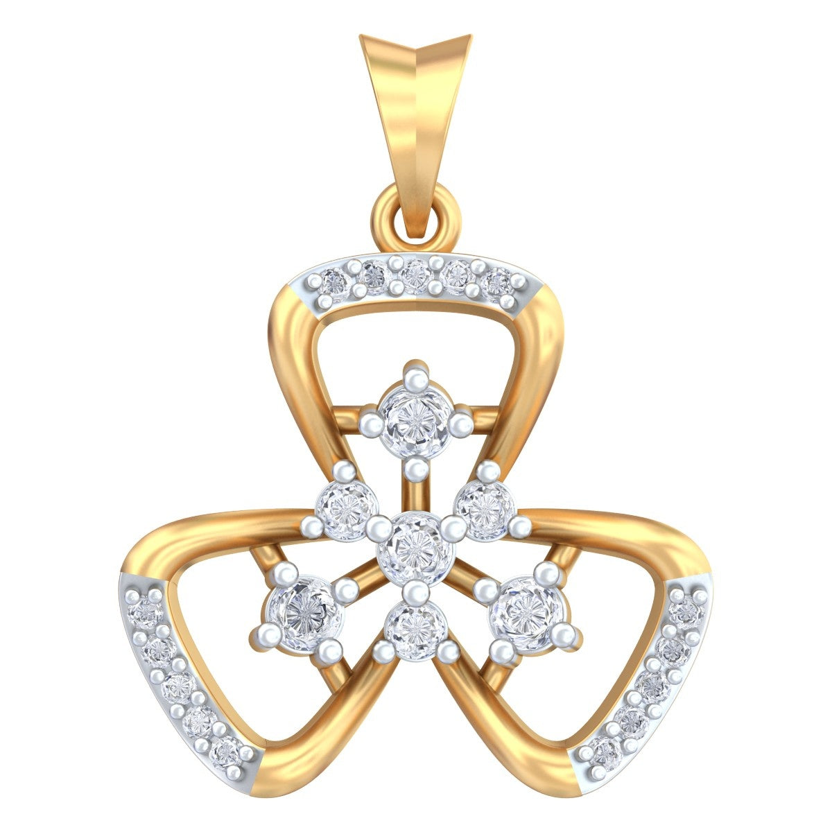 Yellow gold and diamond floral pendant on white background