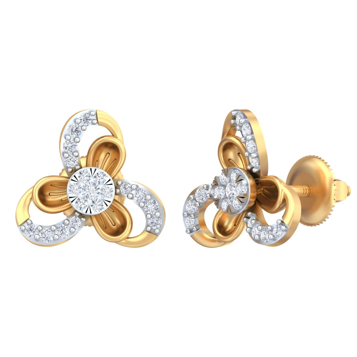 Yellow gold and diamond stud earring with floral-design on a white background.