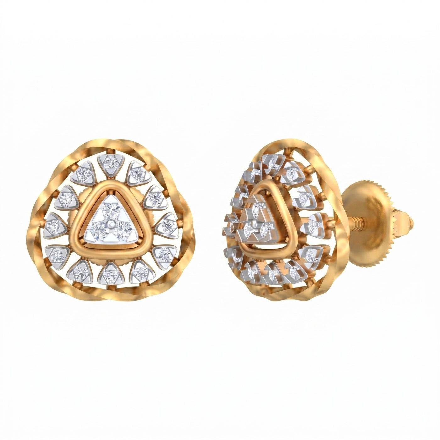 Yellow gold and diamond stud earring on a white background.