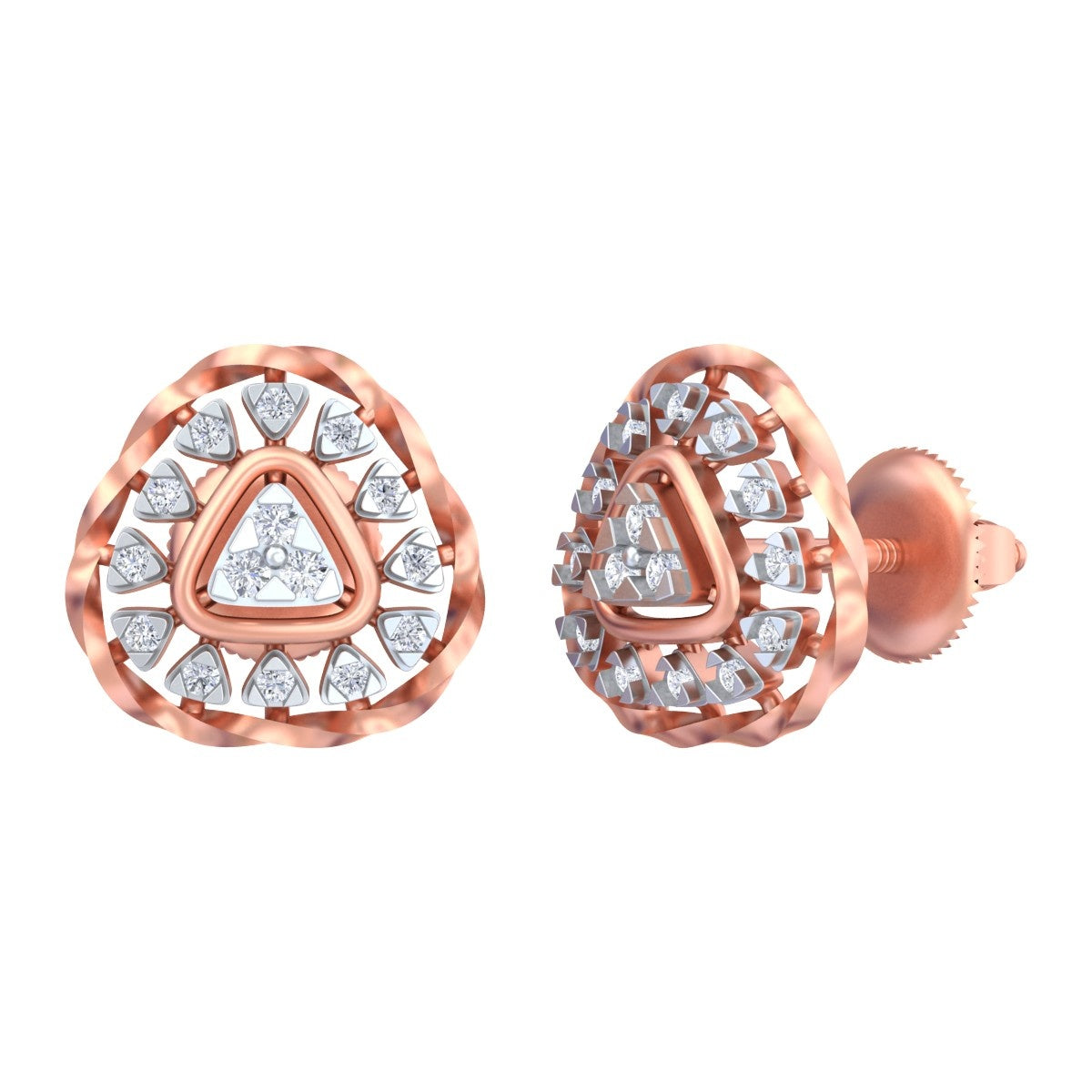 Rose gold and diamond stud earring on a white background.