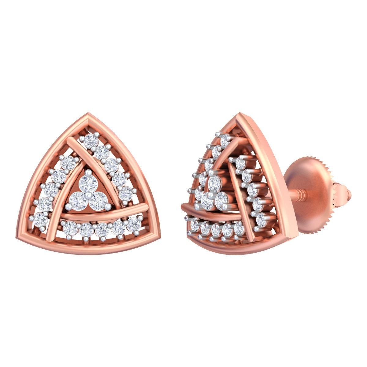 Rose gold and diamond stud earring with triangle-shaped on a white background.