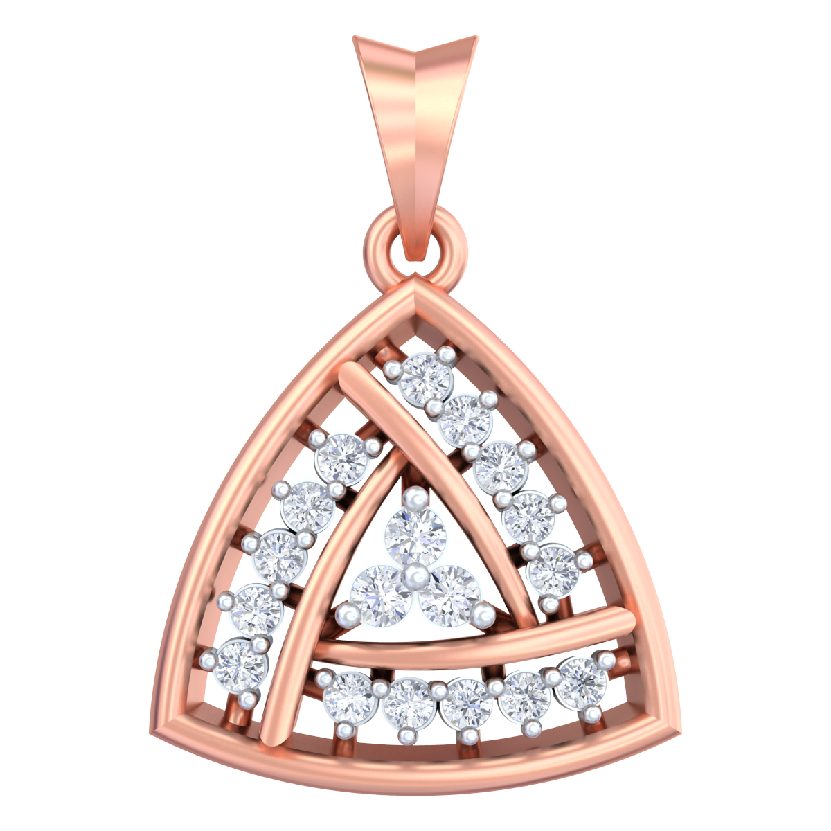 Rose gold and diamond pendant with a triangular design and multiple diamond clusters