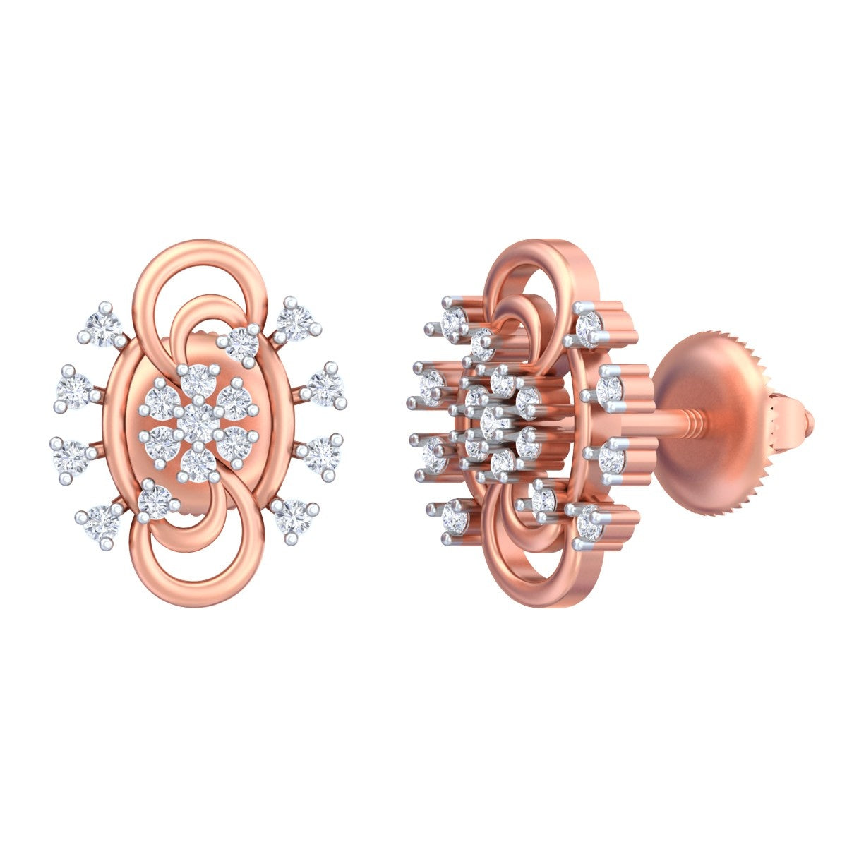 Rose gold and diamond stud earring with floral-design on a white background.