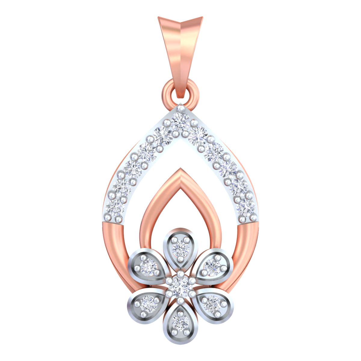 An 18K gold and diamond pendant with a floral design, consisting of a central floral motif surrounded by a larger teardrop shape