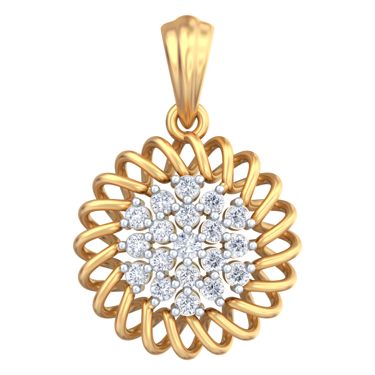 Yellow gold pendant with a circular design containing multiple diamonds arranged in a pattern.