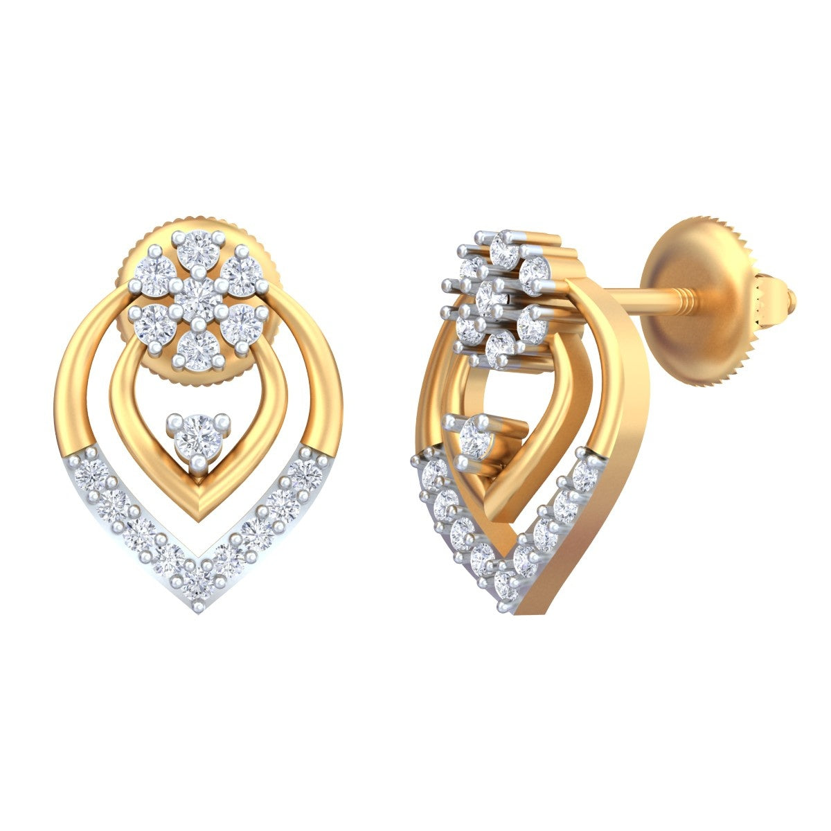 Yellow gold and diamond stud earring  on a white background.