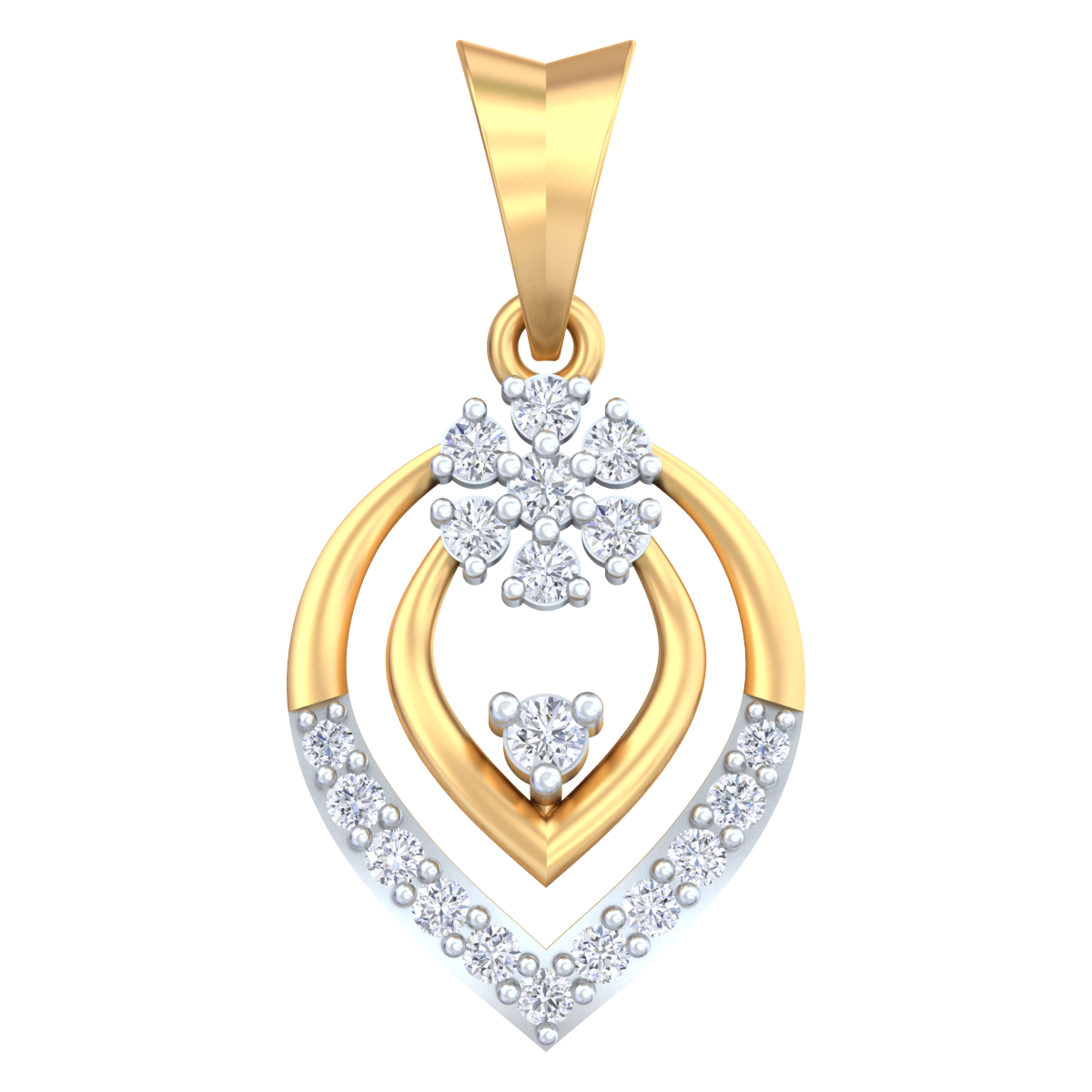 An 18K gold and diamond pendant with a floral design consisting of a central diamond surrounded by intricate gold patterns.