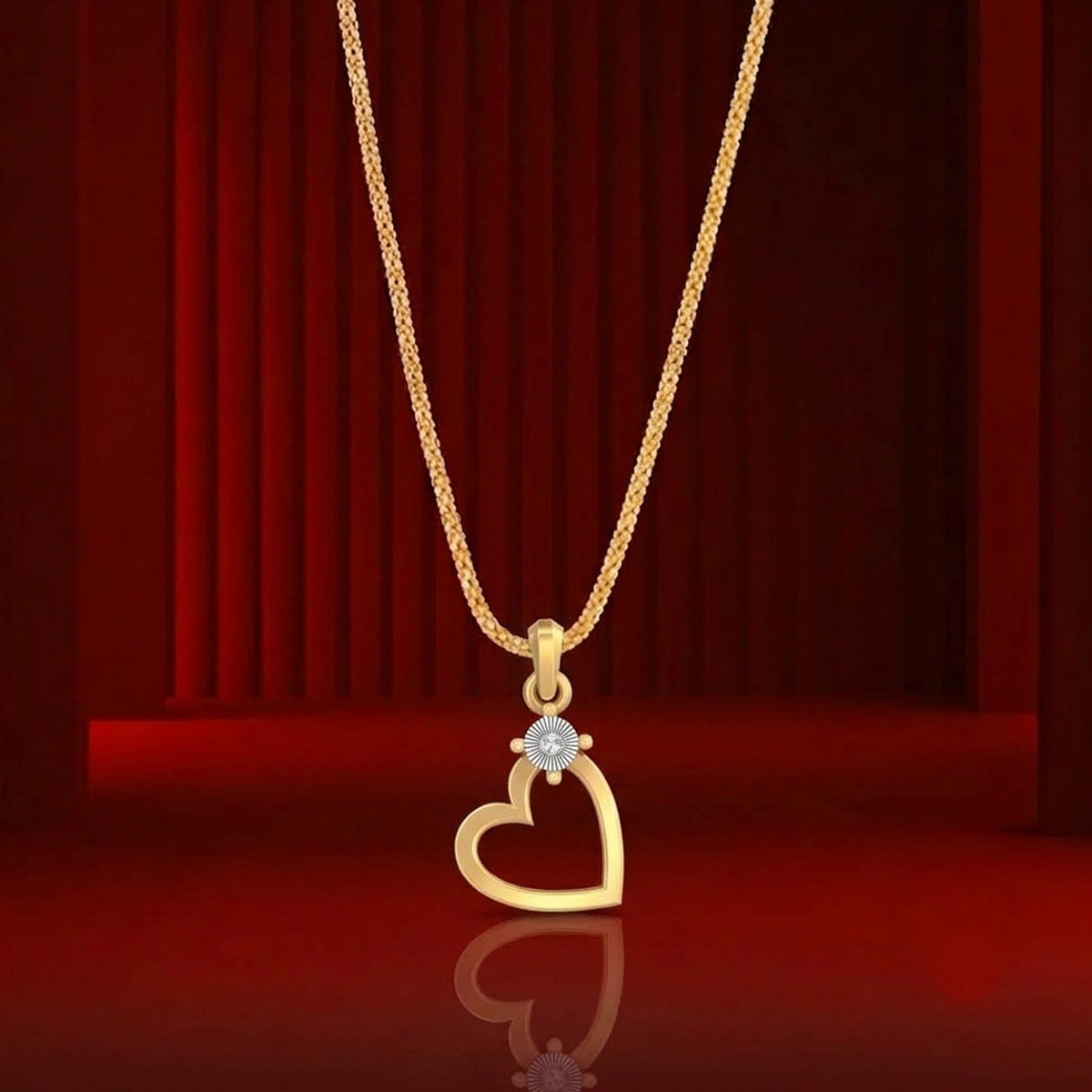 Gold heart-shaped with a diamond pendant on an red background