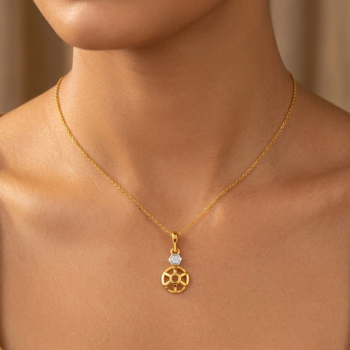 Gold and diamond with a unique pendant on person neck.