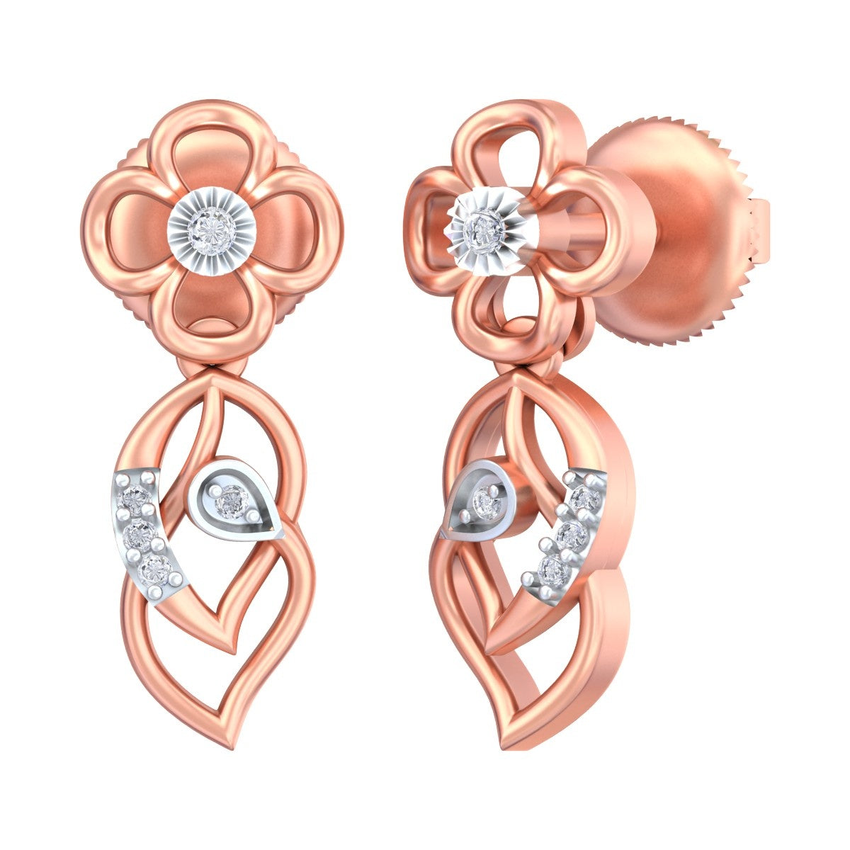 Rose gold and diamond Drop earrings with floral design on a white background