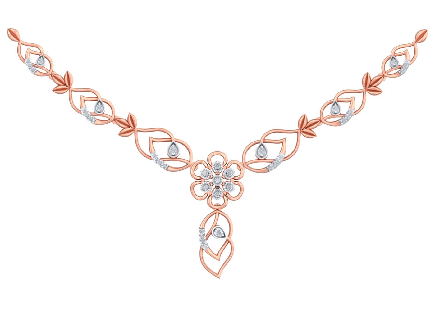 Rose gold and diamond necklace with floral design on a white background