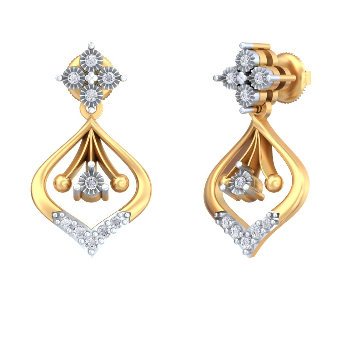 Yellow gold and diamond drop earrings on a white background