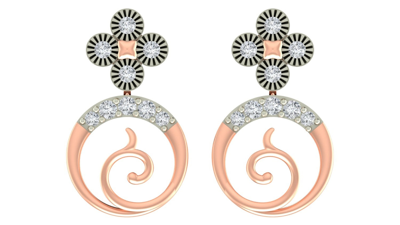 Rose gold and diamond drop earring on a white background.