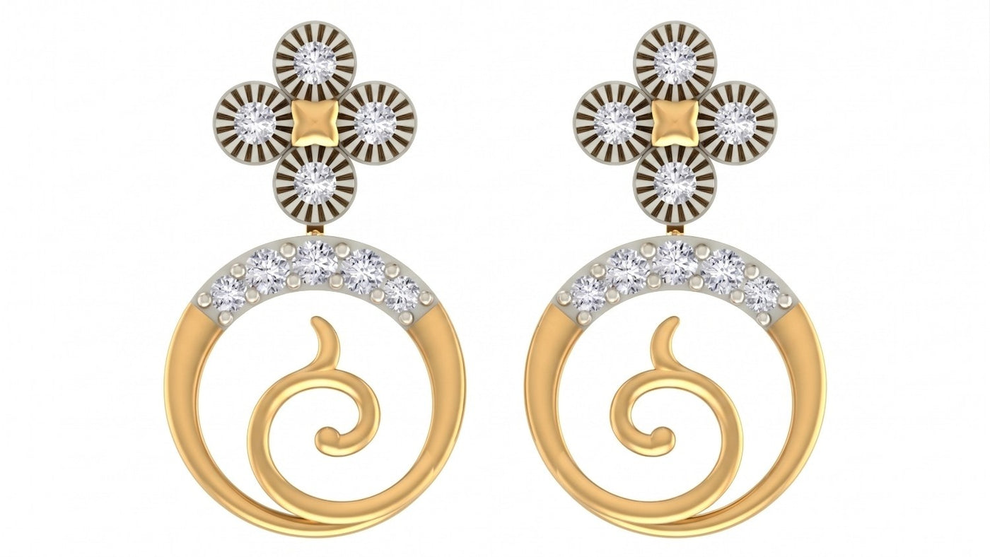 Yellow gold and diamond drop earring on a white background.