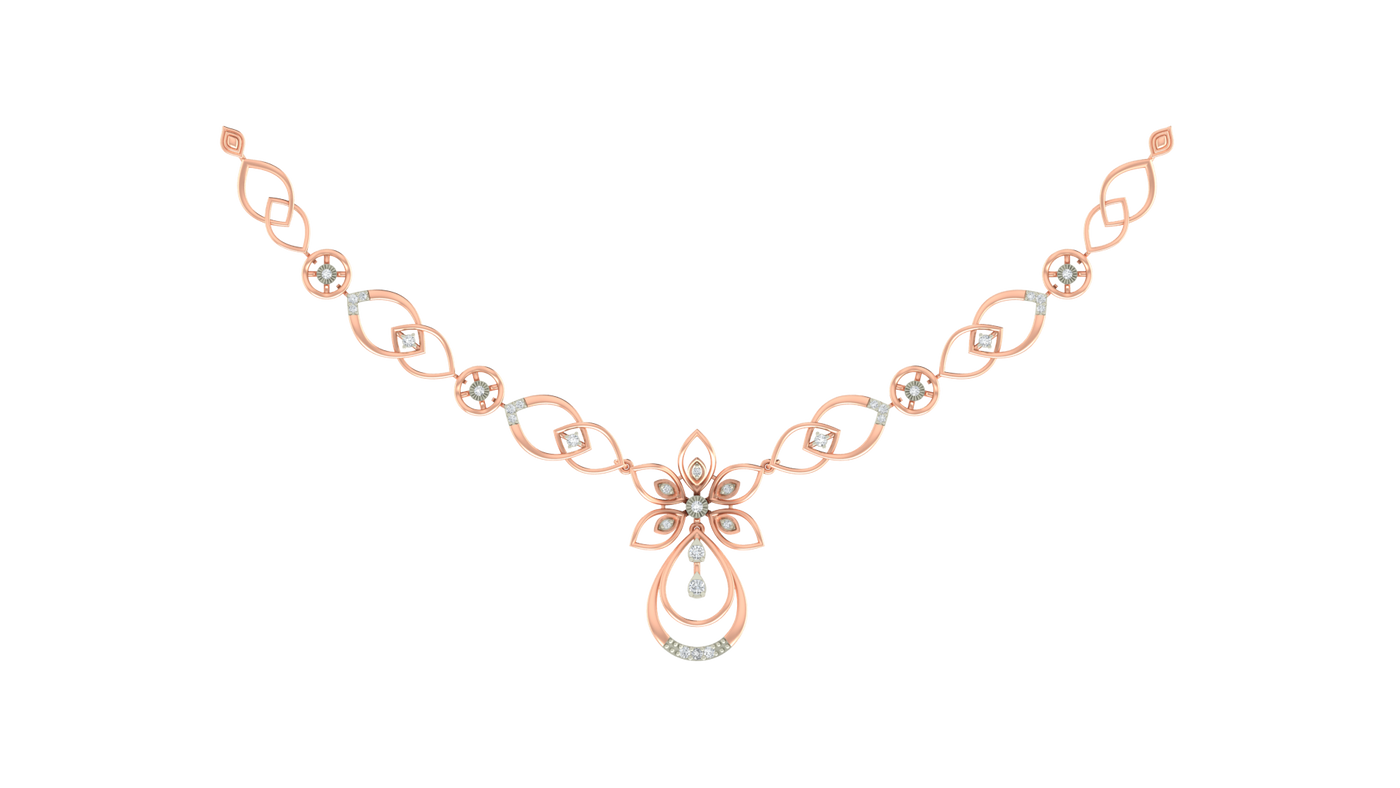 Rose gold and diamond necklace with floral design on a white background