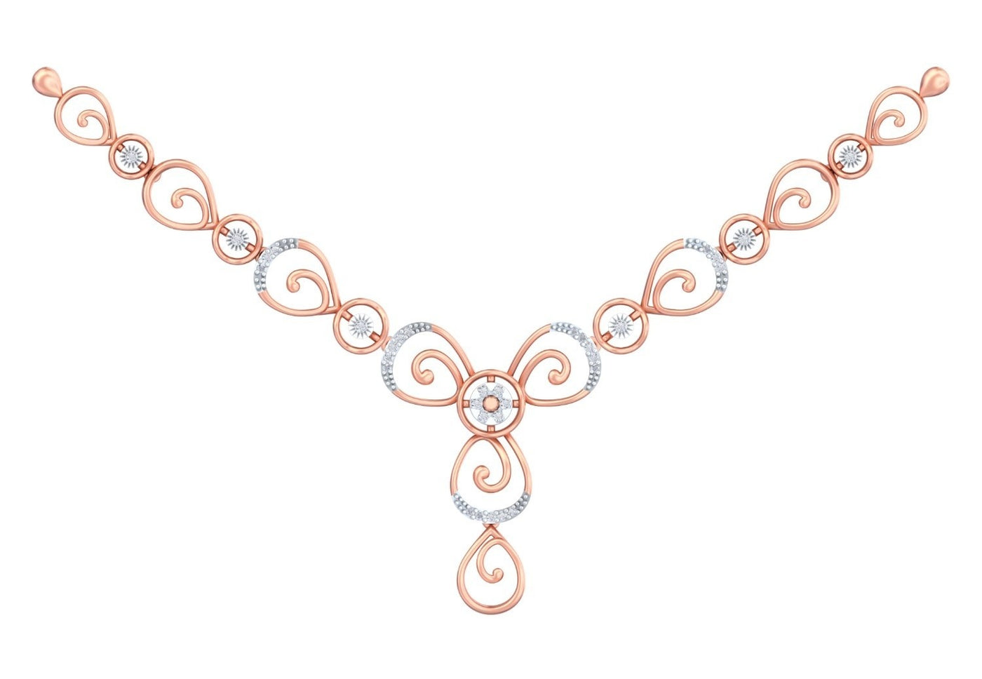 Rose gold and diamond necklace set on a white background.