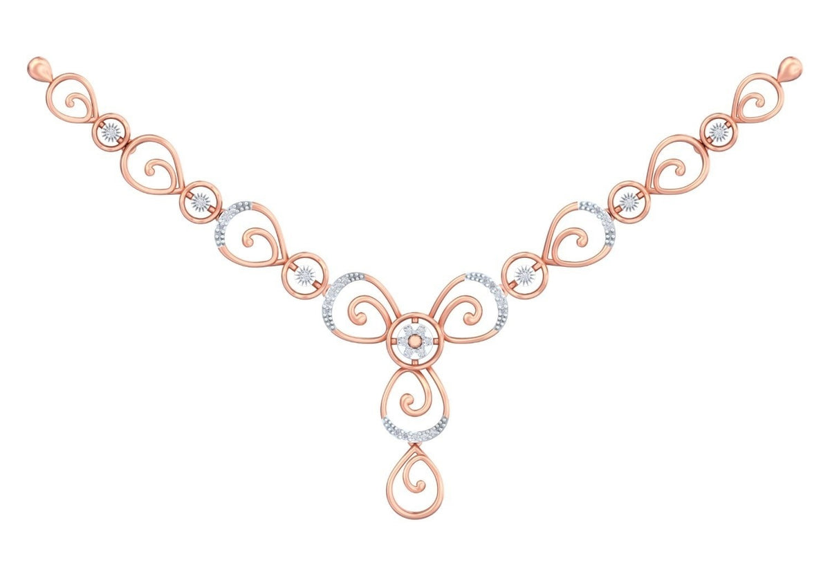 A rose gold and diamond necklace with a symmetrical scroll design, shown on a plain white background.