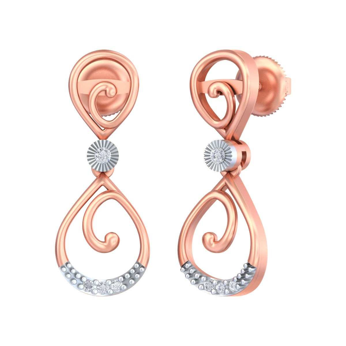 Rose gold and diamond drop earrings on a white background