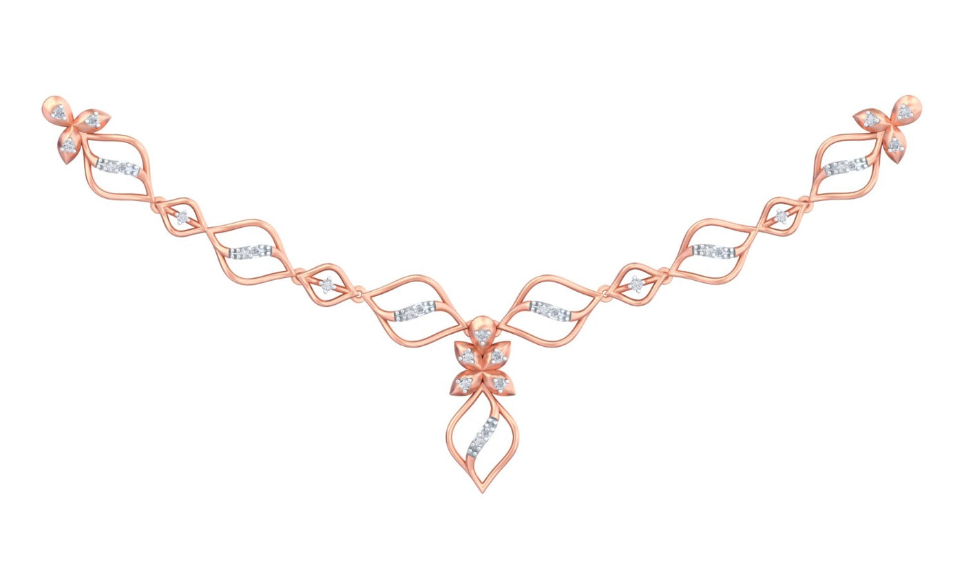 Rose gold and diamond necklace featuring a symmetrical design with diamond accents and script lettering.