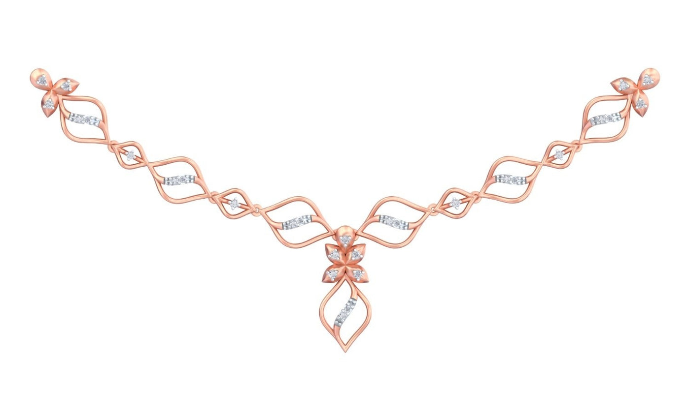 A rose gold necklace featuring a symmetrical design with diamond accents, displayed on a solid white background.