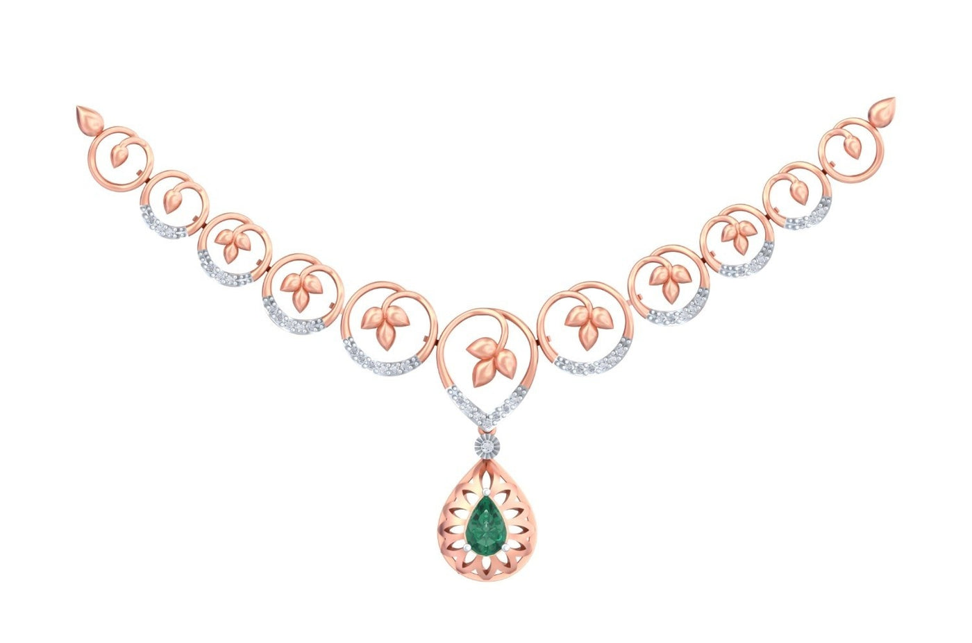 A rose gold and diamond necklace featuring a central teardrop pendant with a green emerald, set against a plain white background.