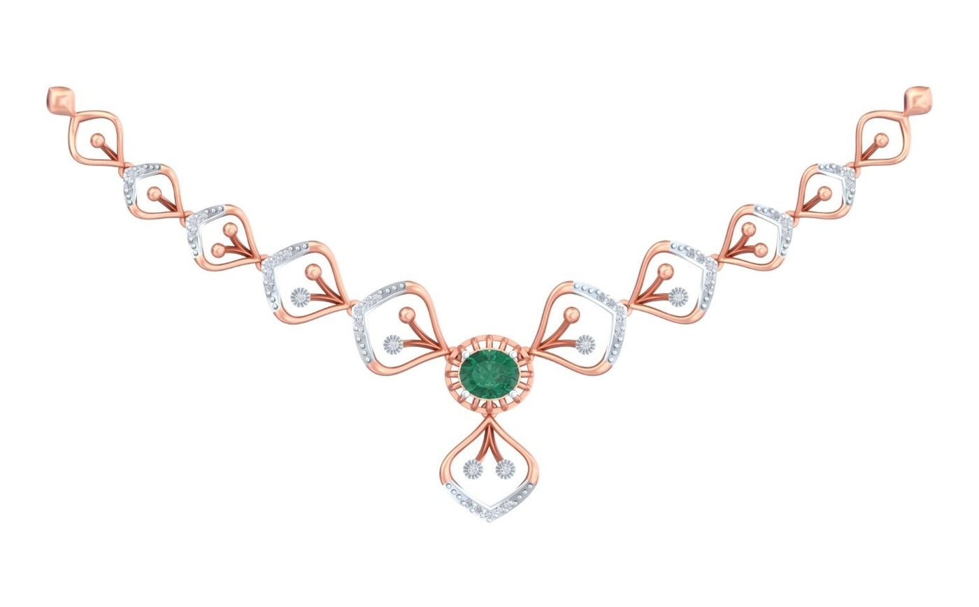 A rose gold and diamond gold necklace featuring a central round green emerald stone, on a plain white background.
