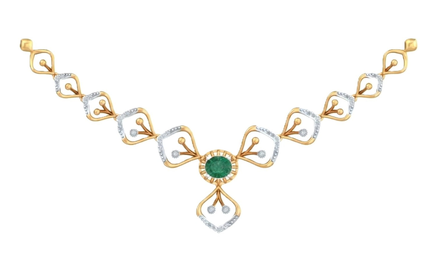A yellow gold and diamond gold necklace featuring a central round green emerald stone, on a plain white background.