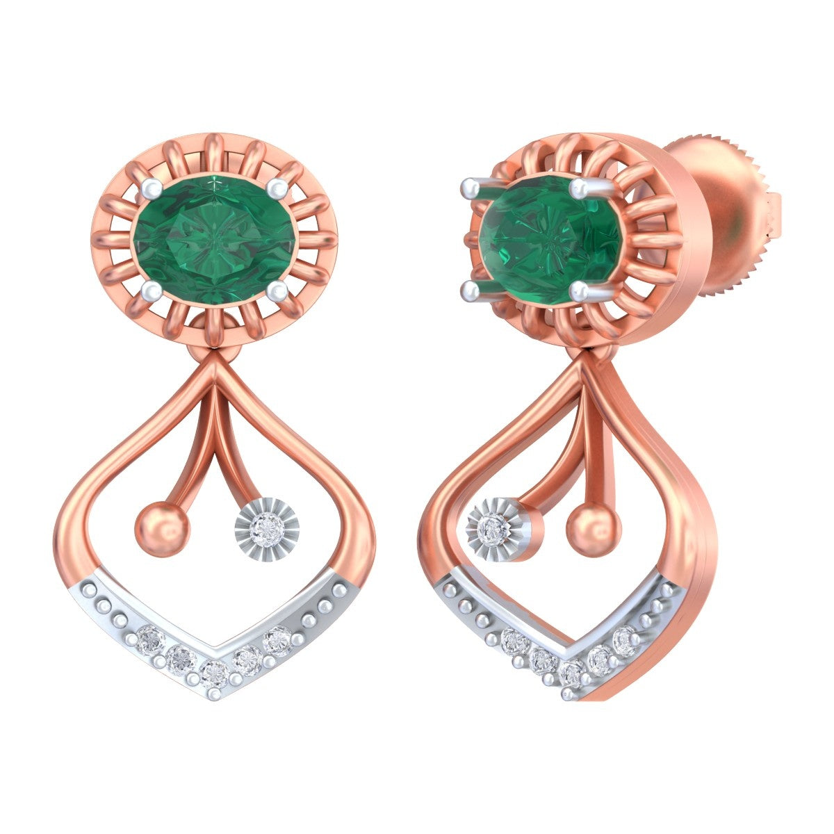 Rose gold and diamond earrings with emerald on a white background.