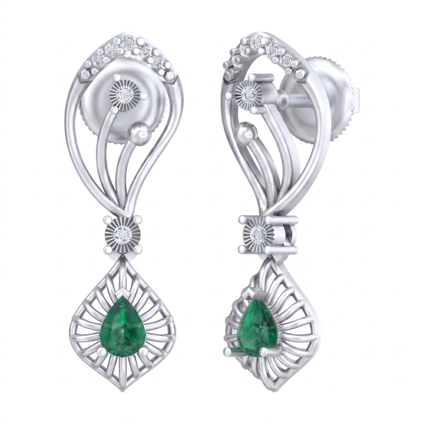 White gold and diamond earrings with gemstones drop earring on a white background.