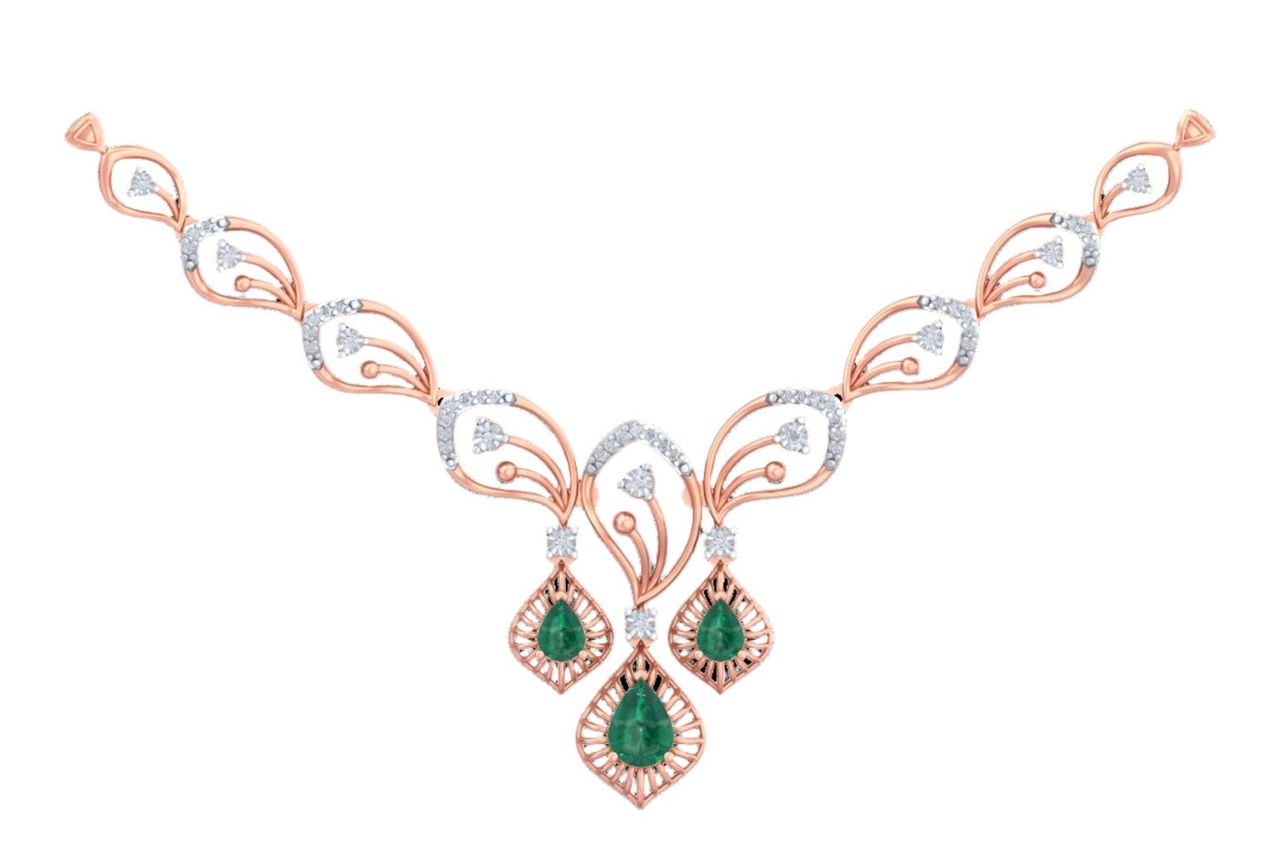 Rose Gold and diamond necklace with three green emerald-cut teardrop pendants.