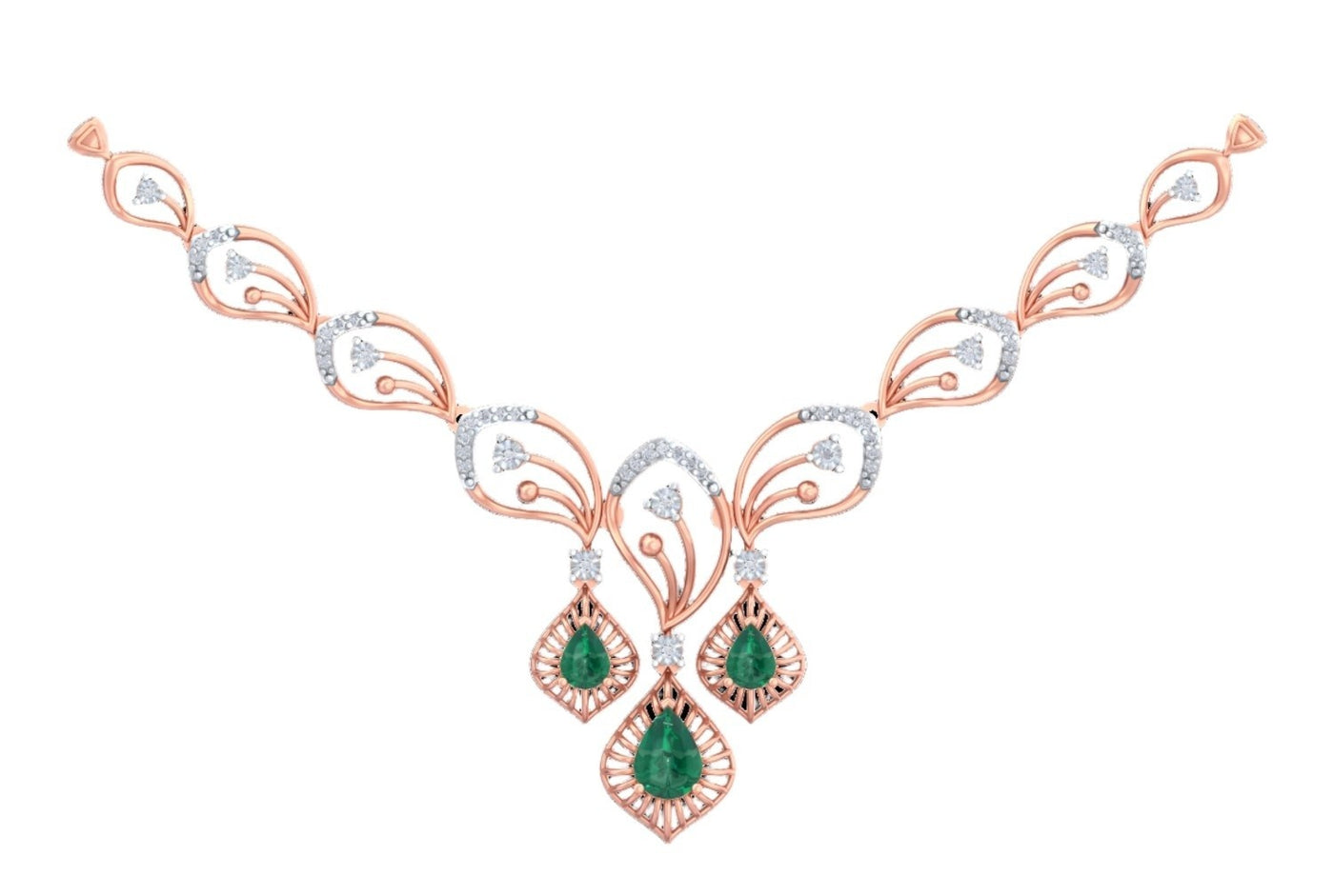 Rose gold and diamond necklace with three green emerald-cut teardrop gemstone.
