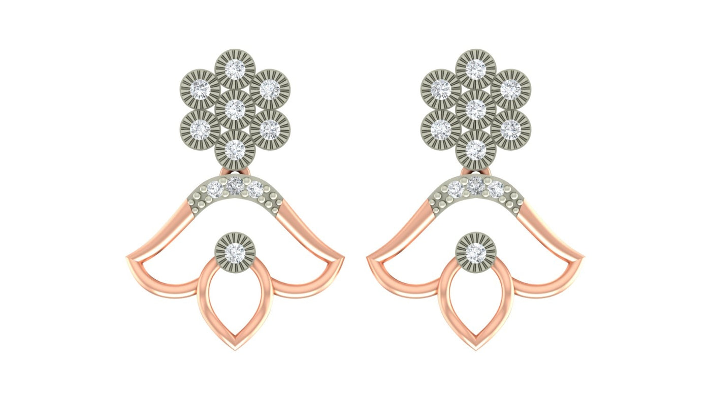 Rose gold and diamond drop earrings with floral design on a white background