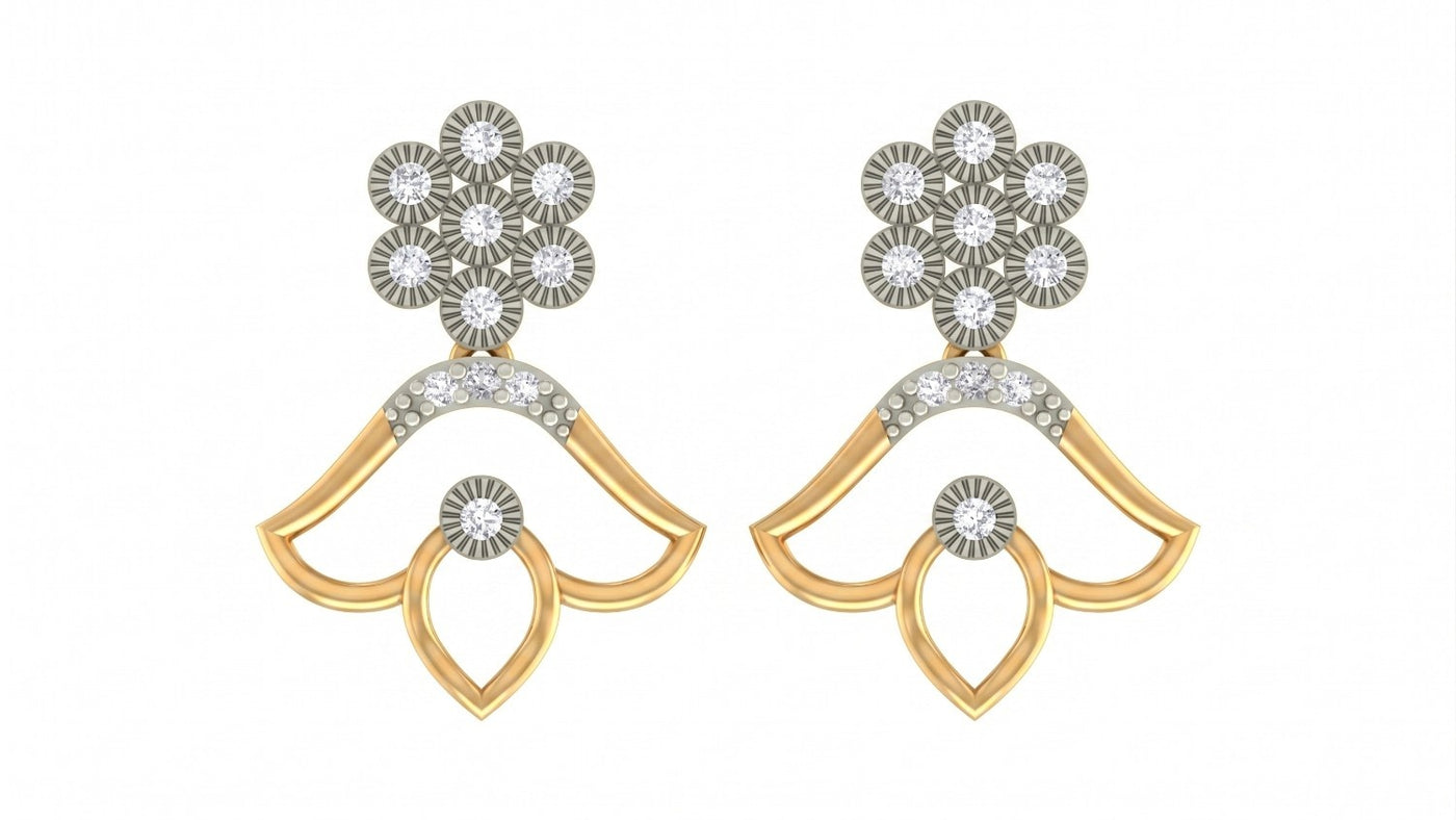 Yellow gold and diamond drop earrings with floral design on a white background