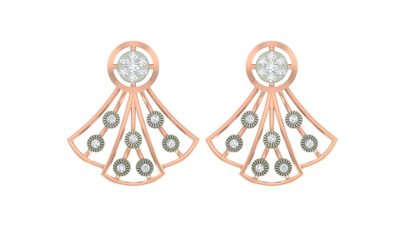 Pair of rose gold and diamond earrings with fan-like design on a white background