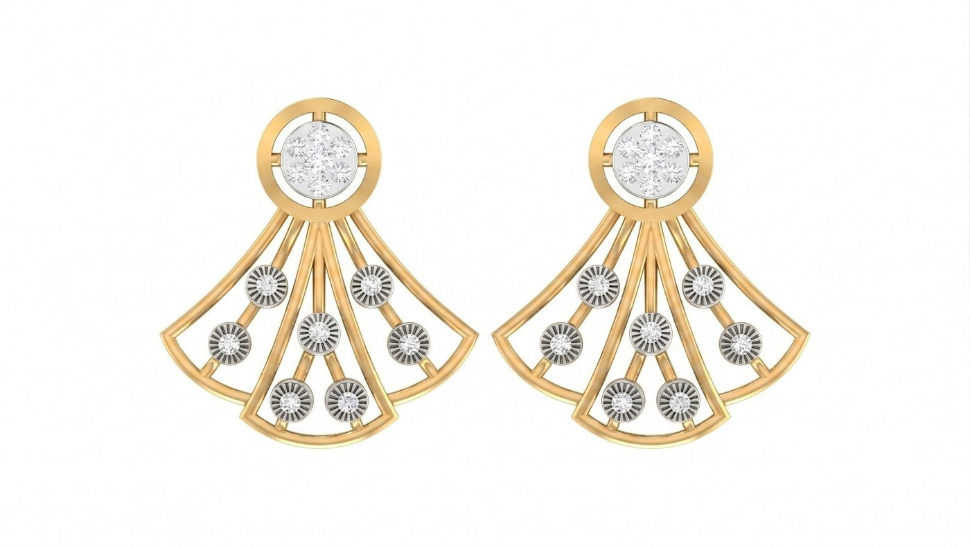 Pair of yellow gold and diamond earrings with fan-like design on a white background