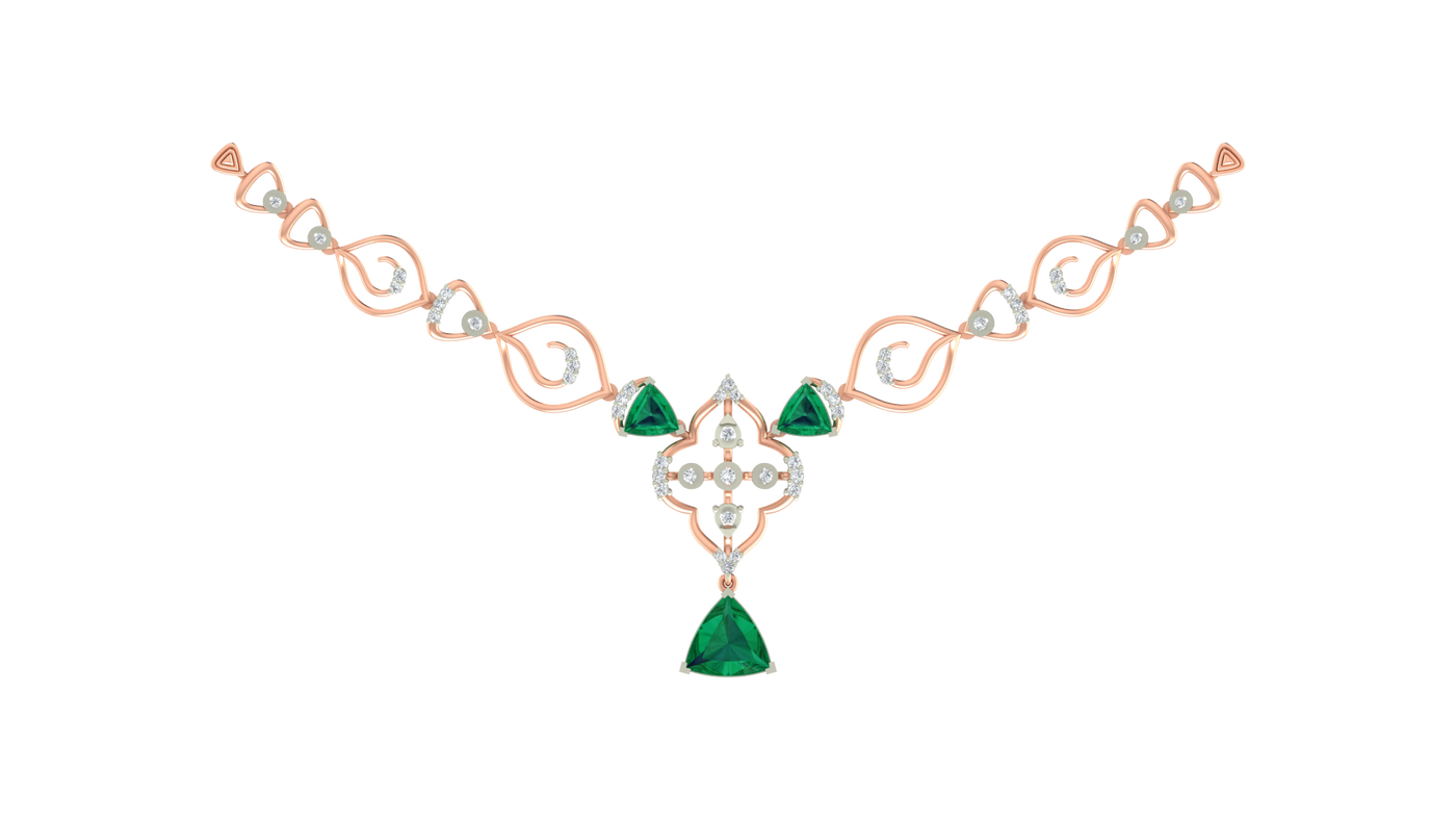 Rose Gold necklace with three trillion-cut emeralds, diamond accents, and floral pendant drop.