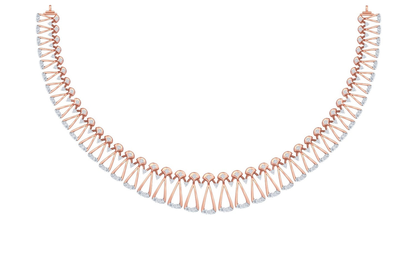 Rose gold and diamond necklace with clear stones on a white background
