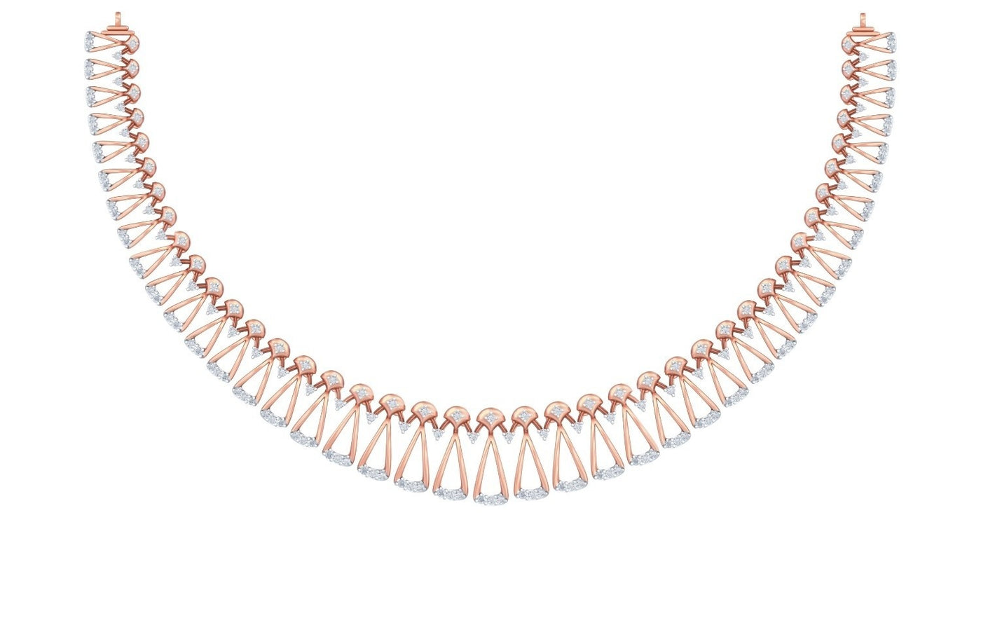 A rose gold and diamond necklace displayed on a clean white background. The necklace features a curved design with alternating rows of gold teardrop design.