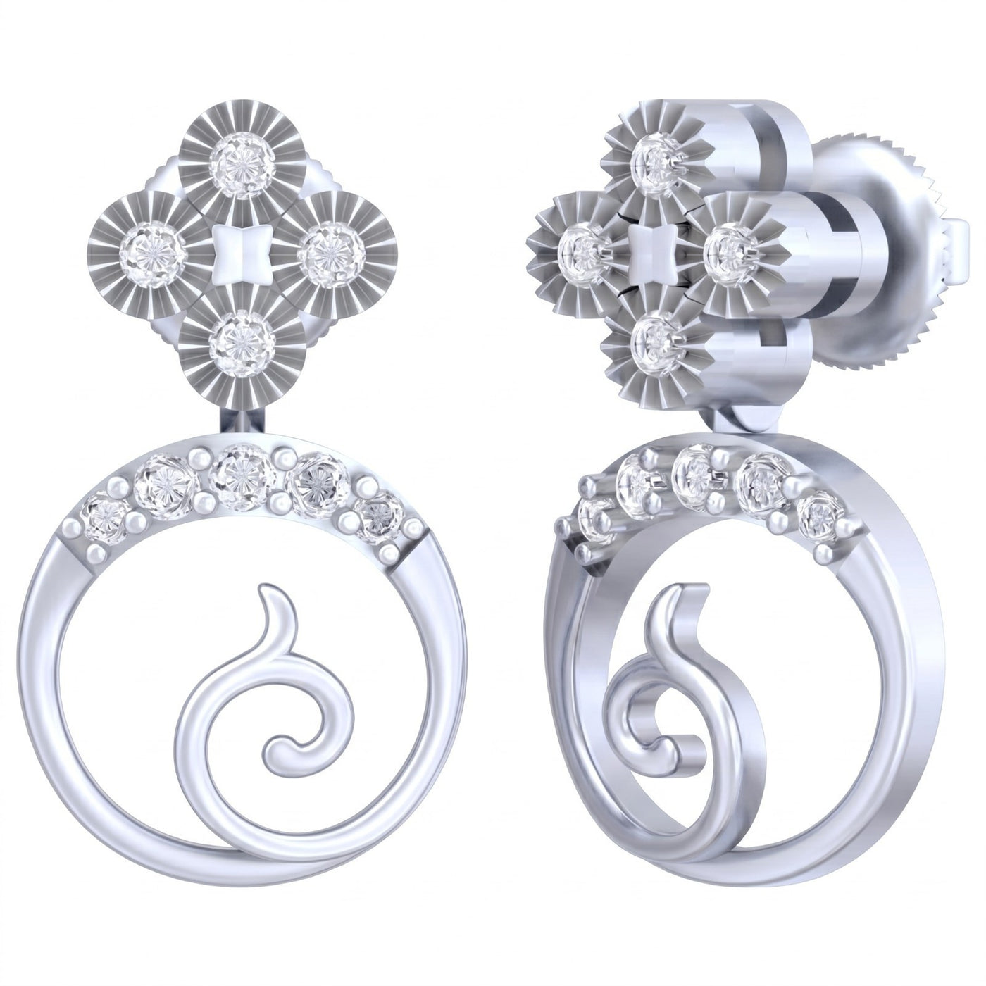 White gold and diamond earrings with floral design on a white background