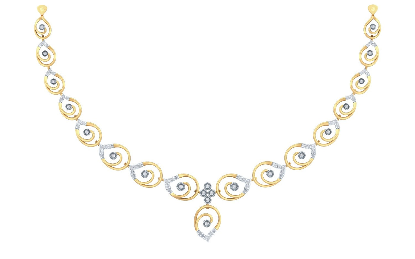 Yellow gold and diamond necklace on a white background