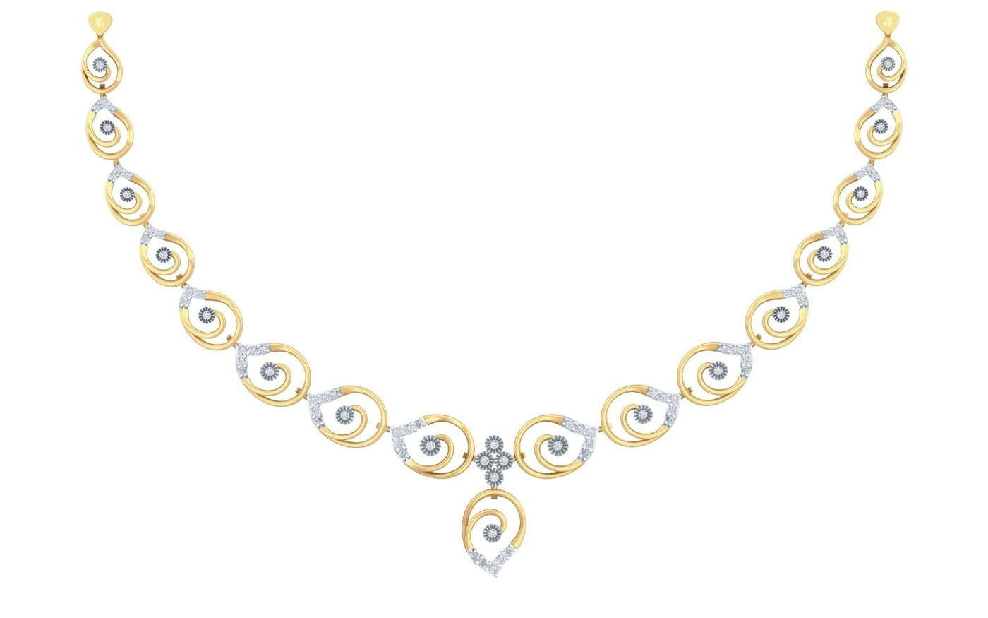 A yellow gold and diamond necklace motifs set, displayed on a solid white background.